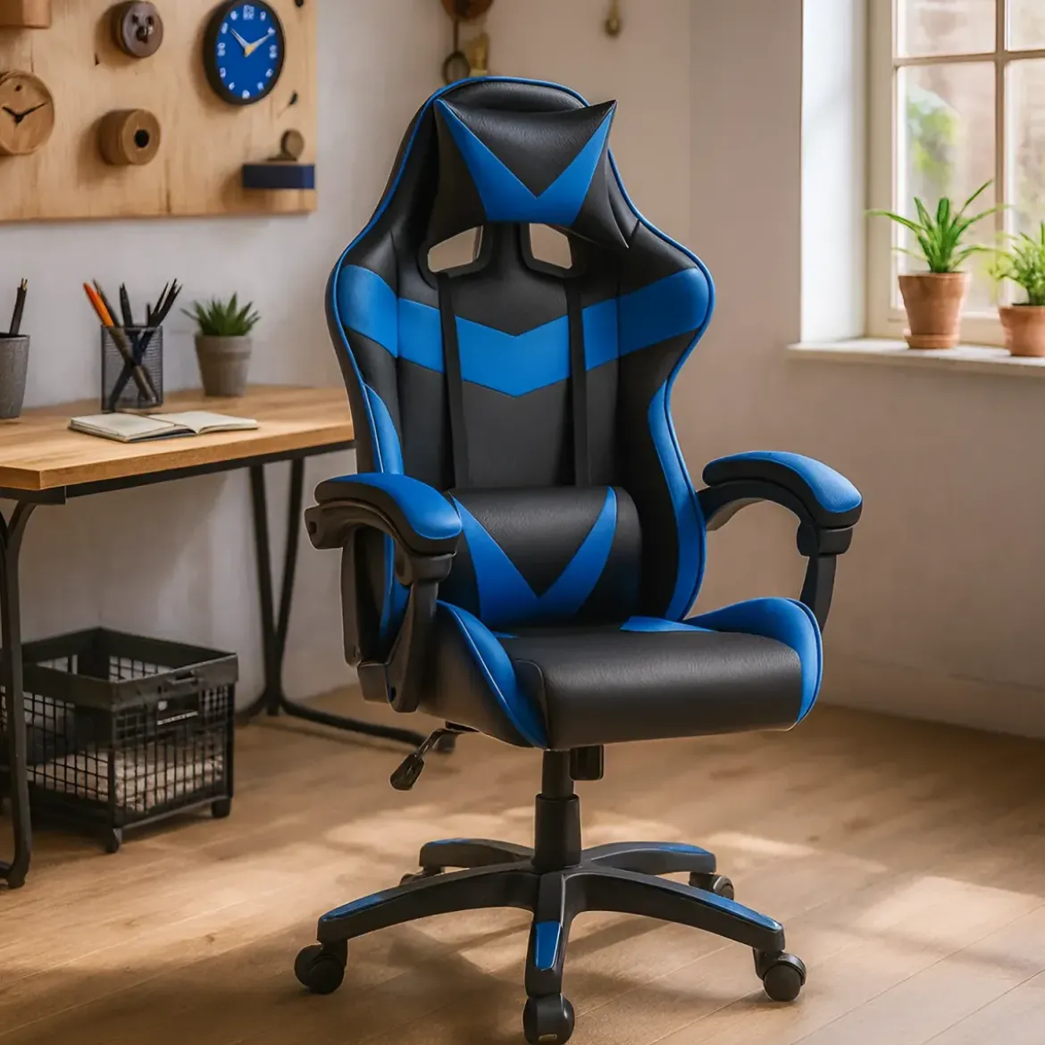 Sedia da Gaming in PVC con Imbottitura Nero e Blu Reclinabile Girevole