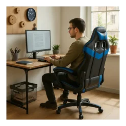 Sedia da Gaming in PVC con Imbottitura Nero e Blu Reclinabile Girevole