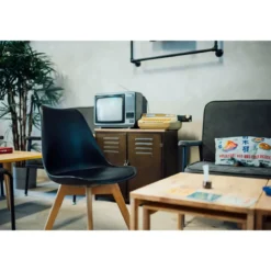 Sedia da Pranzo Moderna Gambe Legno Faccio Seduta Poliuretano Nero