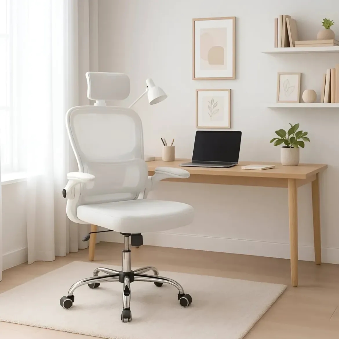 Sedia da Ufficio Ergonomica Bianca in Rete con Braccioli e Poggiatesta
