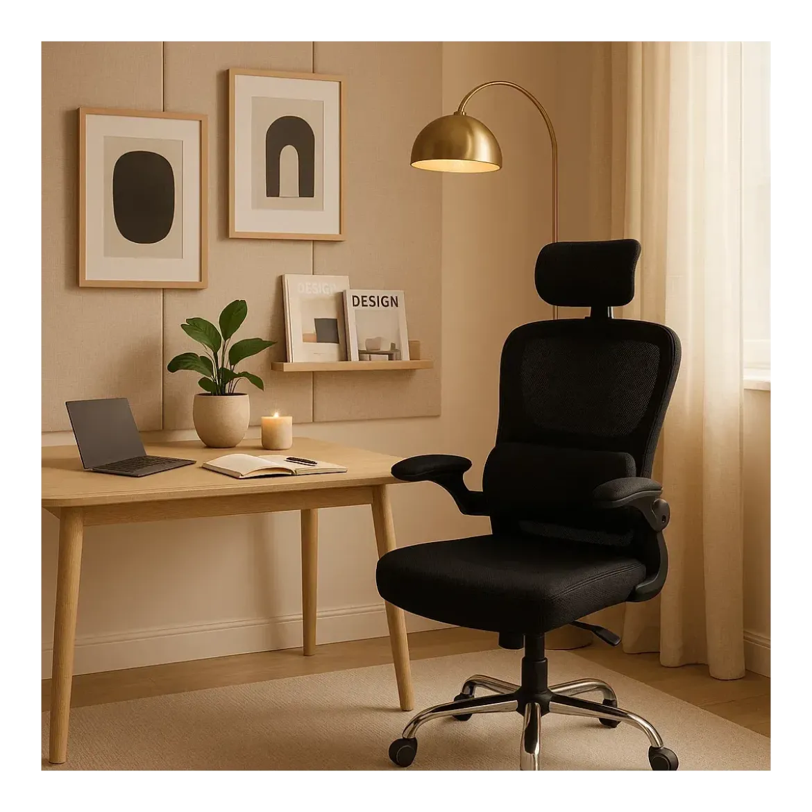 Sedia da Ufficio Ergonomica Nero in Rete con Braccioli e Poggiatesta