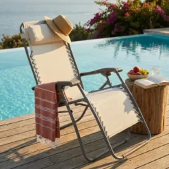 Sedia Sdraio Pieghevole in Textilene Beige da Spiaggia Giardino Balcone