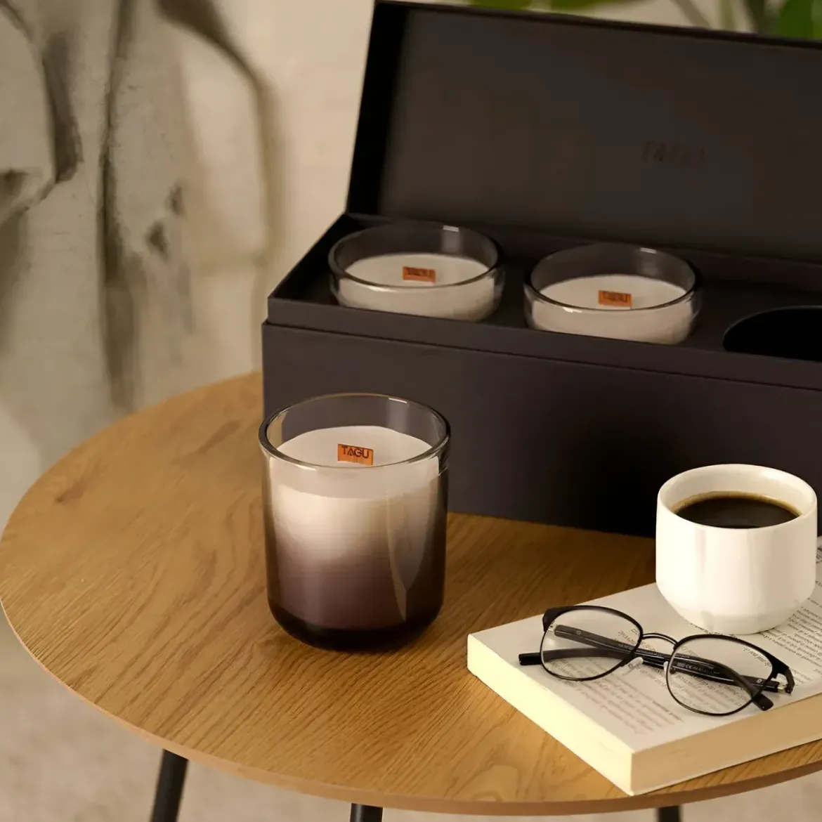 Set 3 Candele TAGU Effetto Camino in Vetro Nero con Stoppino in Legno
