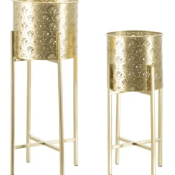Set 2 Colonne Portavaso da Pavimento Metallo Oro Cestelli Removibili