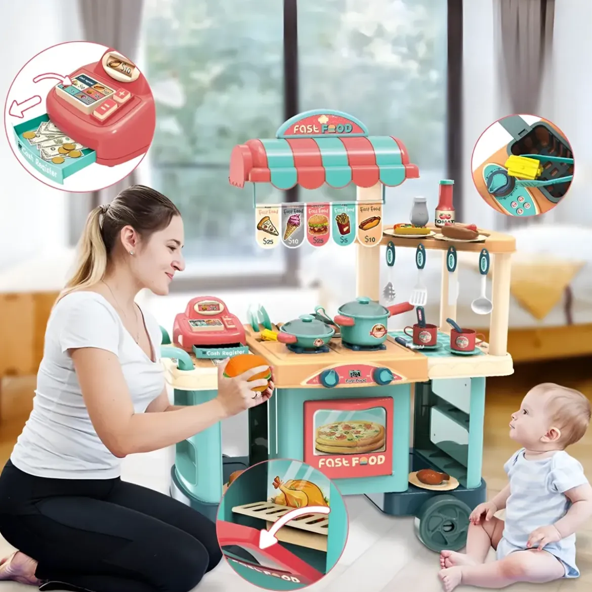 Set Cucina Giocattolo Fast Food per Bambini Completa con Accessori