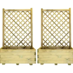 Set 2 Fioriere con Griglia in Legno Portavaso Telo Impermeabilizzante