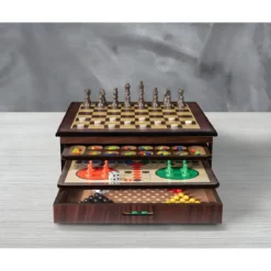 Set Giochi da Tavolo in Legno per Famiglia Vassoi Estraibili Accessori Inclusi