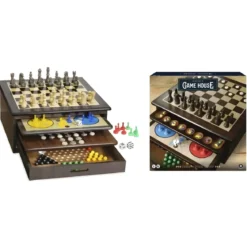 Set Giochi da Tavolo in Legno per Famiglia Vassoi Estraibili Accessori Inclusi