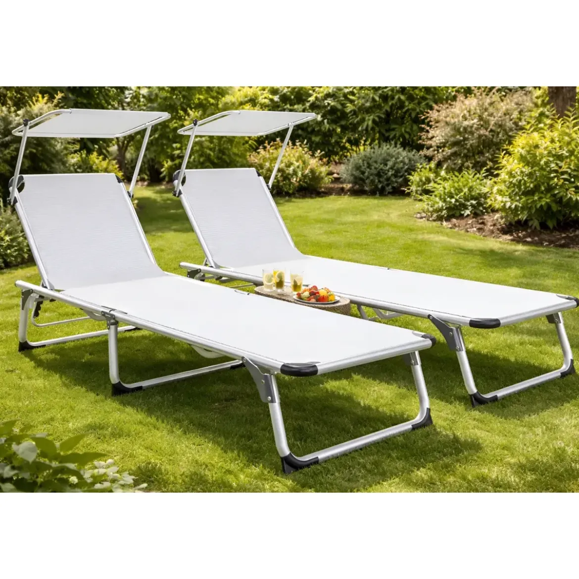 Set 2 Lettini Prendisole da Giardino Mare Pieghevoli Alluminio Bianco