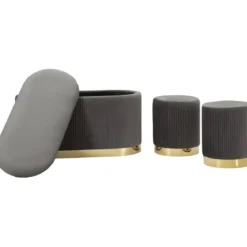 Set Panca Contenitore con 2 Pouf in Velluto Grigio Oro Camera Salotto