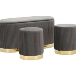 Set Panca Contenitore con 2 Pouf in Velluto Grigio Oro Camera Salotto