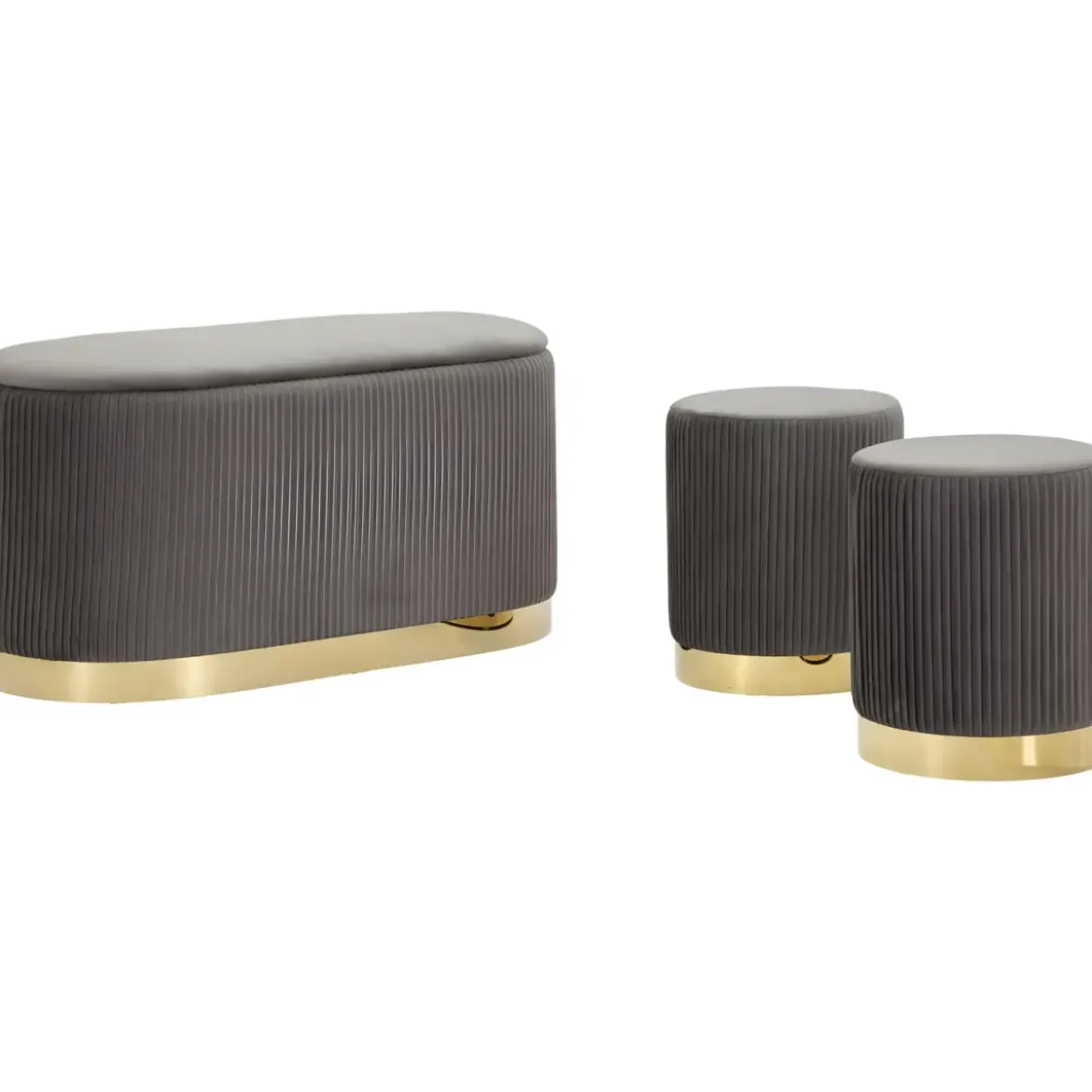 Set Panca Contenitore con 2 Pouf in Velluto Grigio Oro Camera Salotto