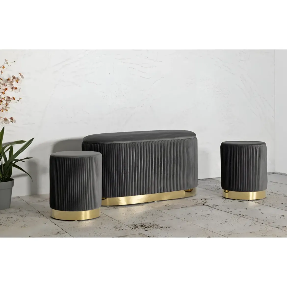Set Panca Contenitore con 2 Pouf in Velluto Grigio Oro Camera Salotto