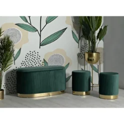Set Panca Contenitore con 2 Pouf in Velluto Verde Oro Camera Salotto