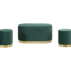 Set Panca Contenitore con 2 Pouf in Velluto Verde Oro Camera Salotto