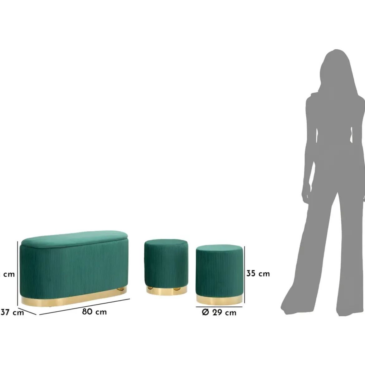 Set Panca Contenitore con 2 Pouf in Velluto Verde Oro Camera Salotto