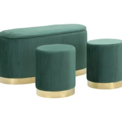 Set Panca Contenitore con 2 Pouf in Velluto Verde Oro Camera Salotto