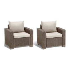 Set 2 Poltrone da Giardino in Resina Rattan Cappuccino con Cuscini