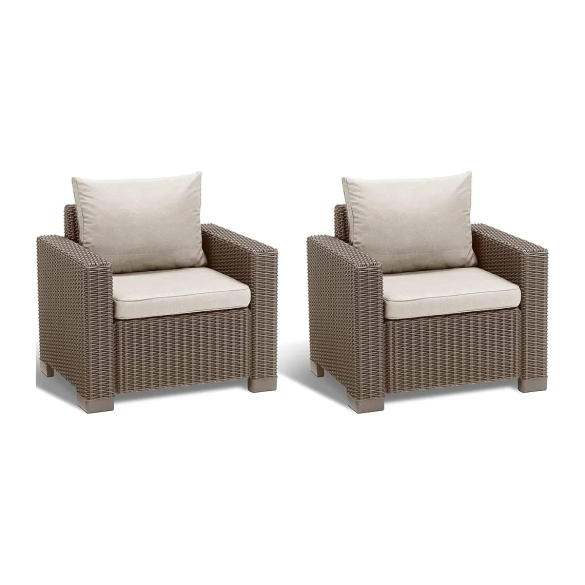 Set 2 Poltrone da Giardino in Resina Rattan Cappuccino con Cuscini