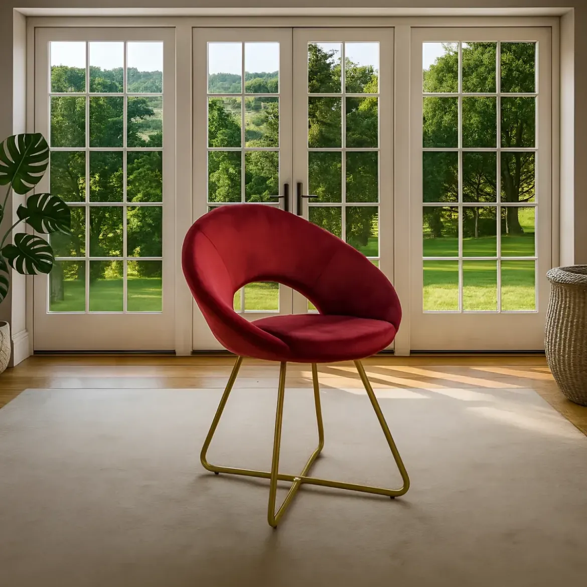 Set 2 Poltrone da Interno in Velluto Rosso con Gambe in Metallo Dorato