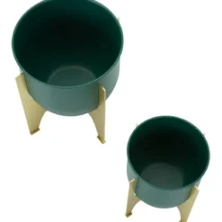 Set 2 Portavasi Bassi in Metallo Verde Oro 25-19 cm Portapiante