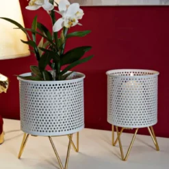 Set 2 Portavasi Metallo Bianco Oro a Pois Vasi Rimovibili da Interno