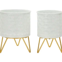 Set 2 Portavasi Metallo Bianco Oro con Vasi Rimovibili Intagli Decorativi