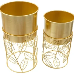 Set 2 Portavasi Metallo Dorato Foglie Intrecciate 23-20 cm da Interno