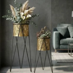 Set 2 Portavasi Metallo Nero Oro a Foglia 46 e 32 cm Vasi Rimovibili