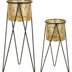 Set 2 Portavasi Metallo Nero Oro a Foglia 46 e 32 cm Vasi Rimovibili