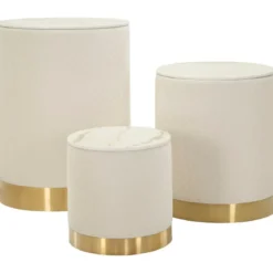Set 3 Pouf Contenitori Crema Oro Legno Metallo da Interno Espositori