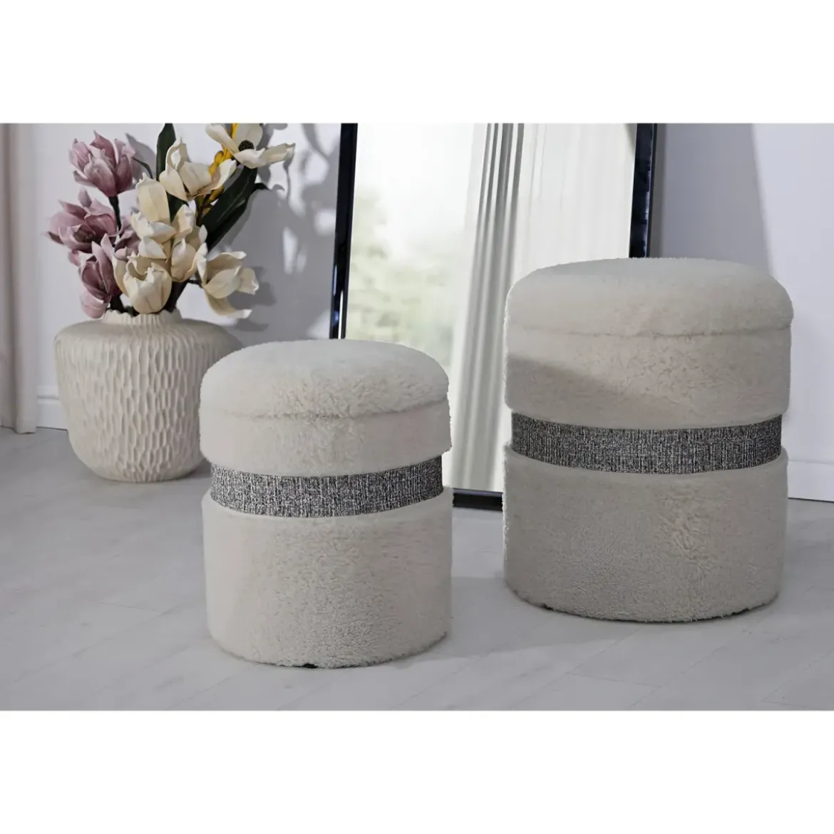 Set 2 Pouf Contenitori Imbottiti Crema Soffice Salotto Camera da Letto