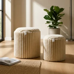 Set 2 Pouf Contenitori Imbottiti Bianco Seduta Tavolino Soggiorno Camera