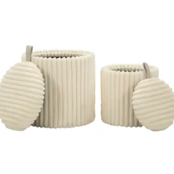 Set 2 Pouf Contenitori Imbottiti Bianco Seduta Tavolino Soggiorno Camera