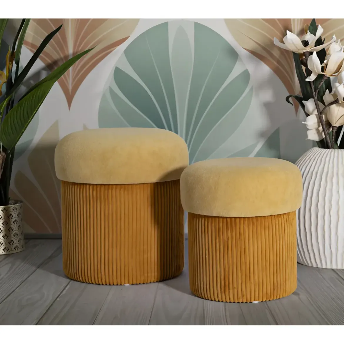 Set 2 Pouf Contenitori in Tessuto Senape Arancione Salvaspazio Camera