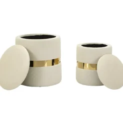 Set 2 Pouf Contenitori in Tessuto Crema Oro Salvaspazio Soggiorno