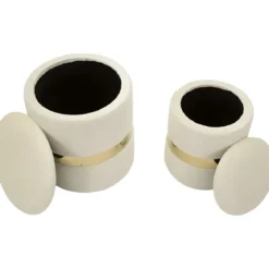 Set 2 Pouf Contenitori in Tessuto Crema Oro Salvaspazio Soggiorno