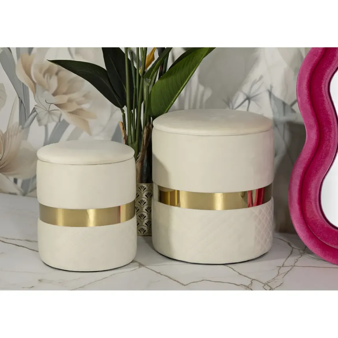 Set 2 Pouf Contenitori in Tessuto Crema Oro Salvaspazio Soggiorno