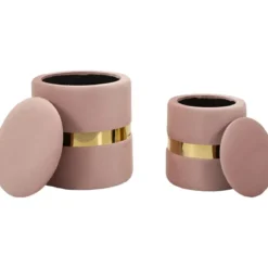 Set 2 Pouf Contenitori in Tessuto Rosa Oro Salvaspazio Salotto Camera