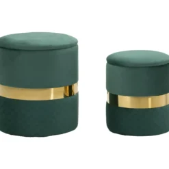 Set 2 Pouf Contenitori in Tessuto Verde Oro Salvaspazio Salotto Camera