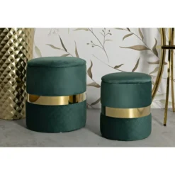 Set 2 Pouf Contenitori in Tessuto Verde Oro Salvaspazio Salotto Camera