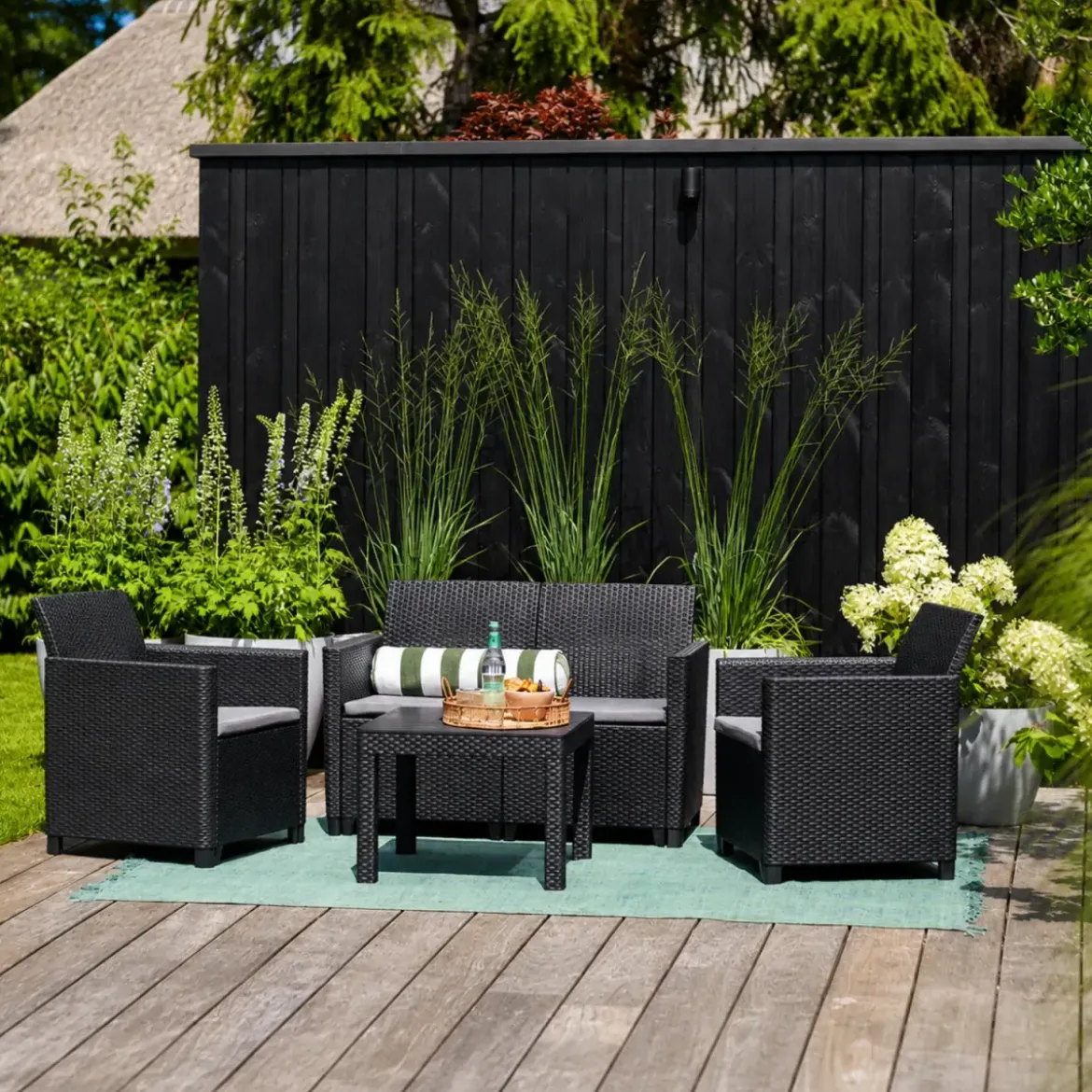 Set Salotto da Giardino Rattan Sintetico Grafite con Cuscini 4 Posti