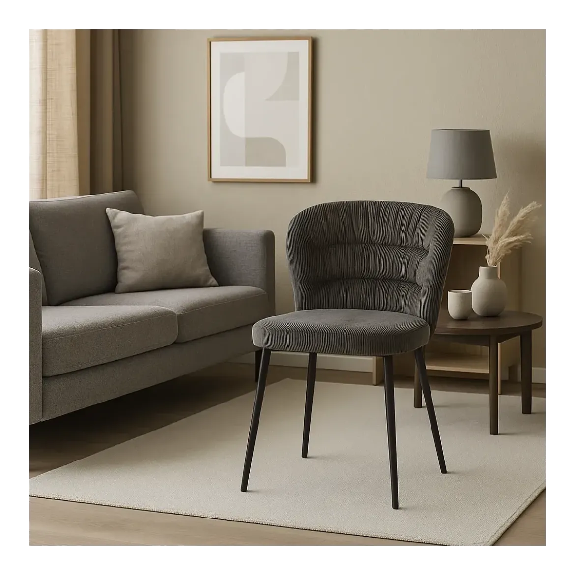 Set 4 Sedie da Interno Imbottite in Tessuto Grigio Gambe in Metallo Nero