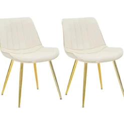 Set 2 Sedie da Pranzo Imbottite Tessuto Crema Finiture Oro Metallo
