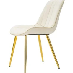 Set 2 Sedie da Pranzo Imbottite Tessuto Crema Finiture Oro Metallo