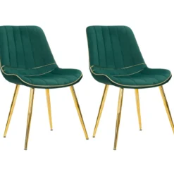 Set 2 Sedie da Pranzo Imbottite Verde Dettagli Oro per Soggiorno Cucina