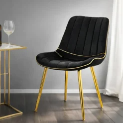Set 2 Sedie da Pranzo Imbottite Nero Dettagli Oro per Soggiorno Cucina