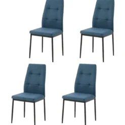Set 4 Sedie da Pranzo in Tessuto Blu Gambe in Metallo