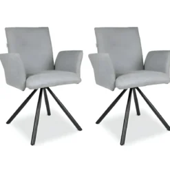 Set 2 Sedie Girevoli in Tessuto Grigio con Gambe in Metallo Nero