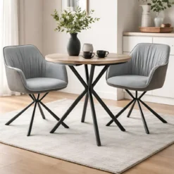Set 2 Sedie Imbottite in Tessuto Grigio Retro in Ecopelle Gambe Nere